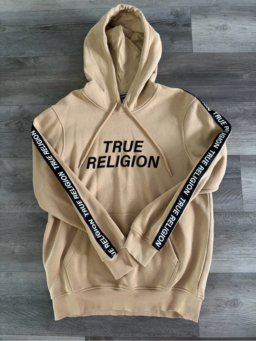 True Religion Beige/Tan Logo Hooded Sweatshirt with Branded Sleeve Tape